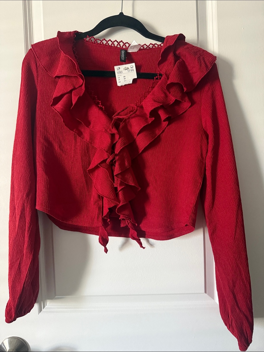 Divided Red Ruffle Tie-Front Cropped Blouse